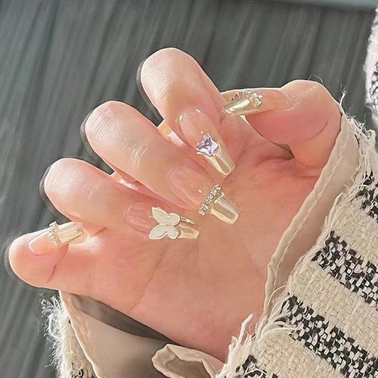 Champagne Butterfly | Long Coffin Manicure | Press on Nail