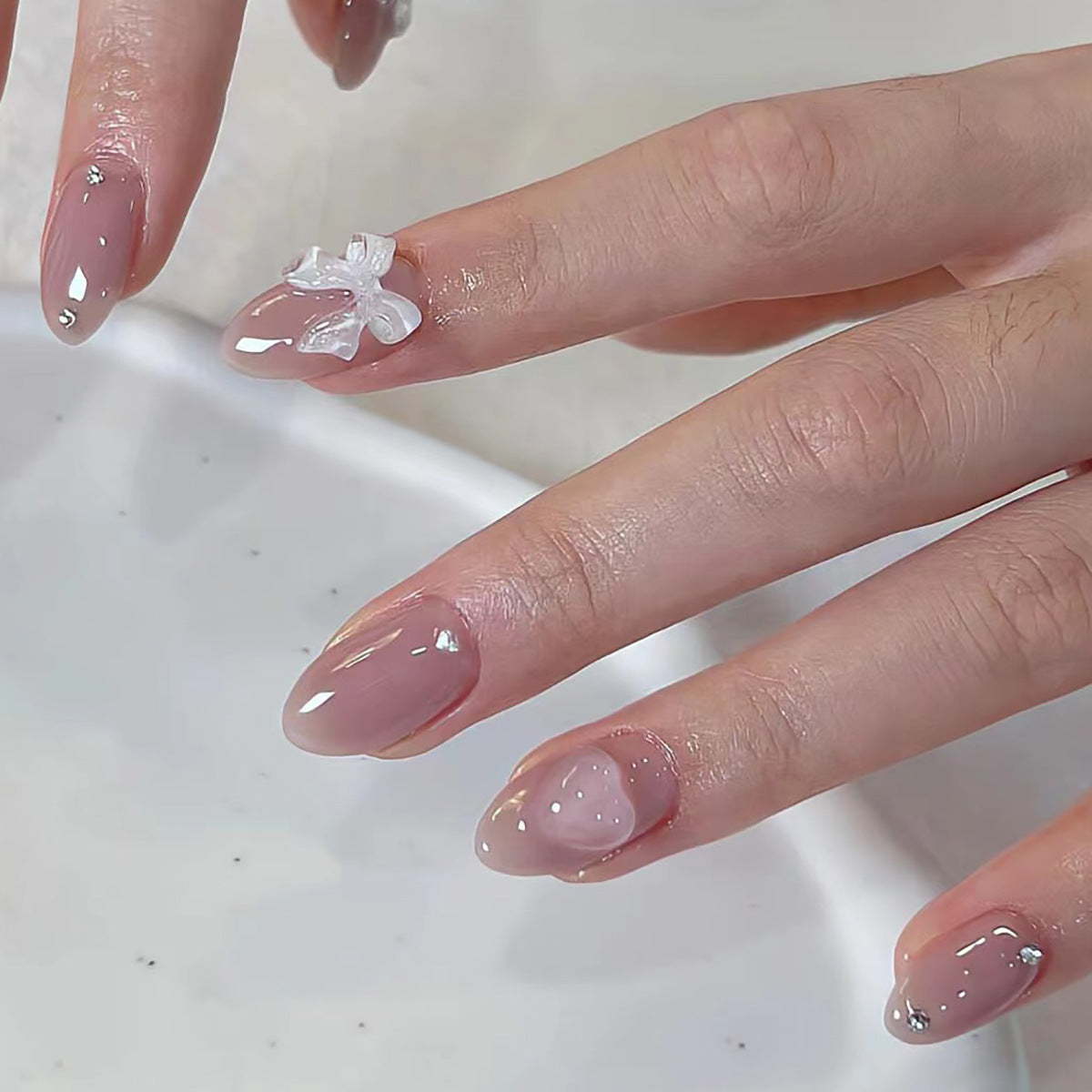 Peony Pink Heart | Short Almond Manicure | Press On Nails N794