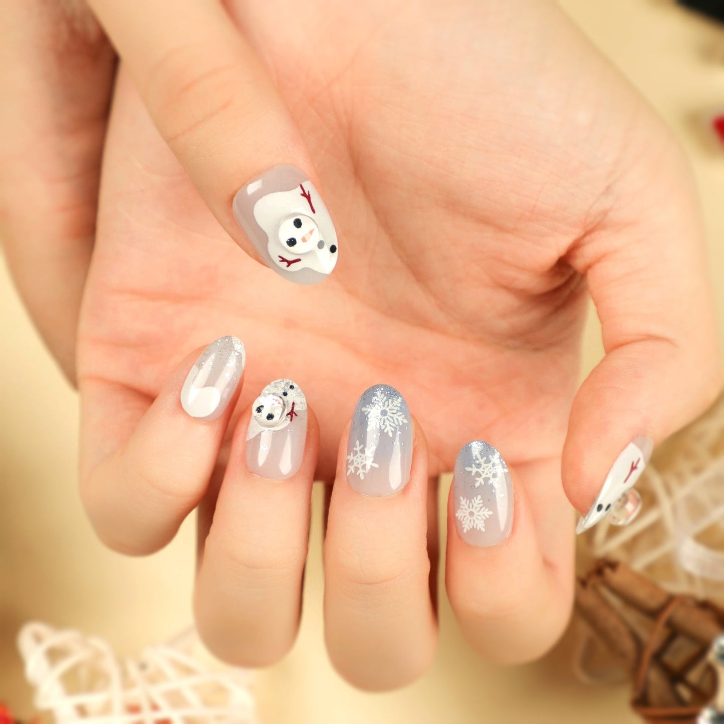 Frosty Wonderland Glam | Short Almond Manicure | Press On Nails N487 Snowman