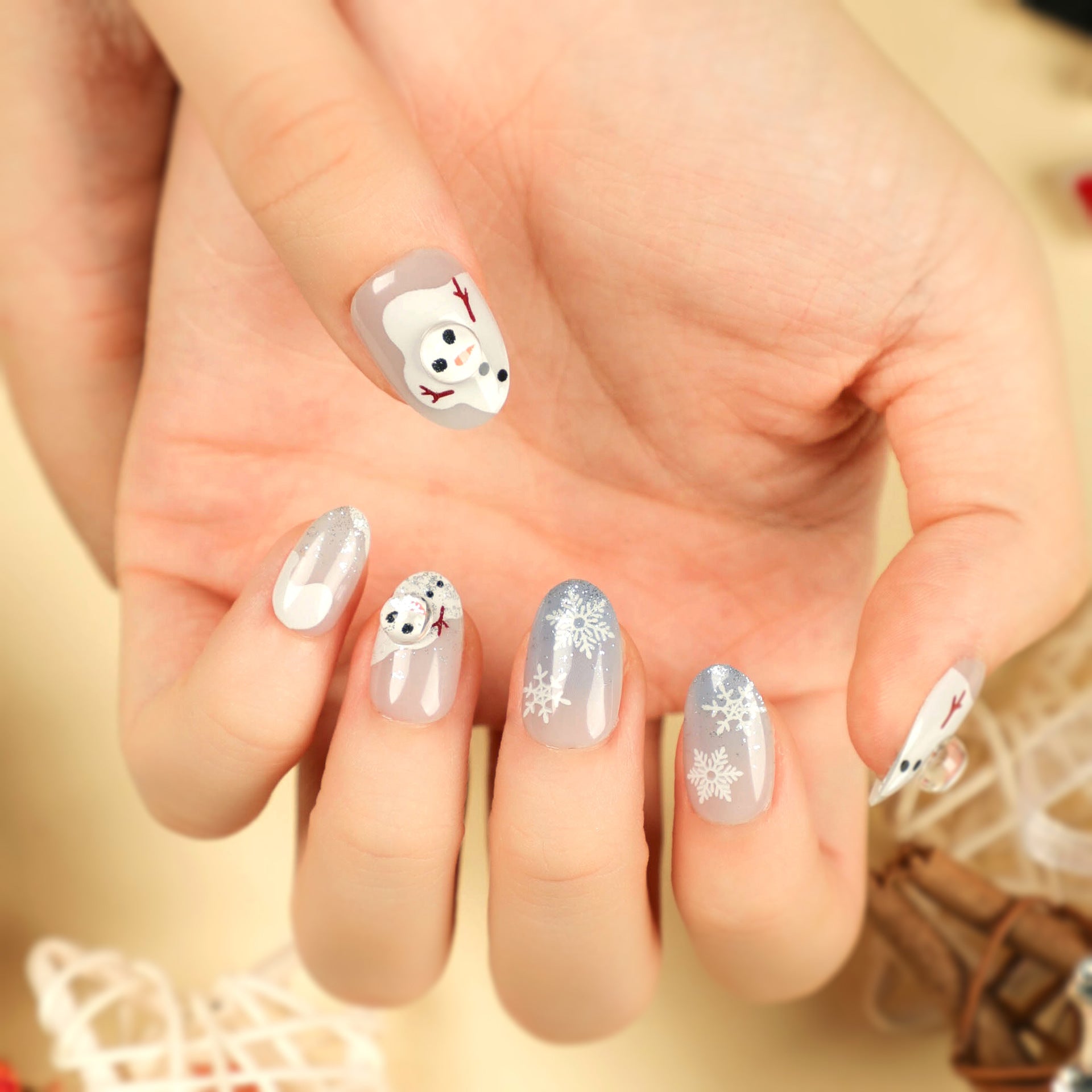 Frosty Wonderland Glam | Short Almond Manicure | Press On Nails N487 Snowman