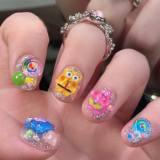 Whimsical SpongeBob| Short Squoval Manicure | Handmade Press On Nails H216