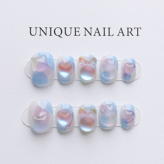 Shades of Azure and Violet| Long Short Coffin Manicure | Handmade Press on Nails H137