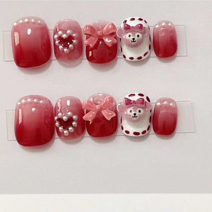 Lovely Strawberry Bear | Short Squoval Manicure | Handmade Press On Nails H100 Bowknot