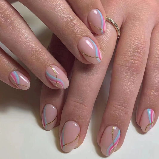 Tranquil Pink Blue Waves| Medium Almond Manicure | Press On Nails N392 Short