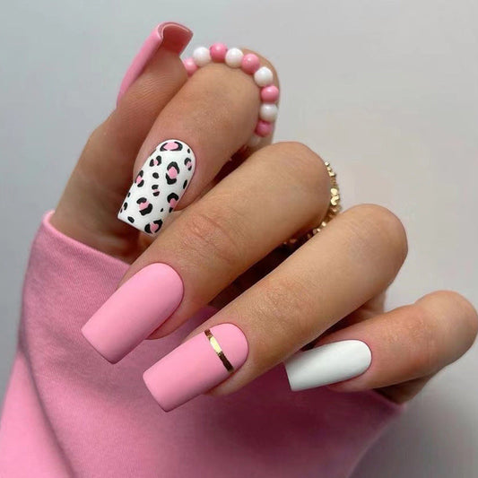 Pink Leopard Stripes| Medium Squoval Manicure | Press On Nails N435 Leopard