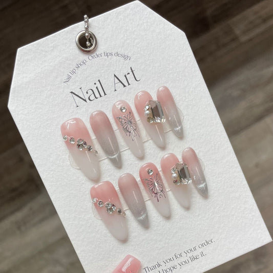 Soft Silver Butterfly| Long Almond Manicure | Handmade Press On Nails H282