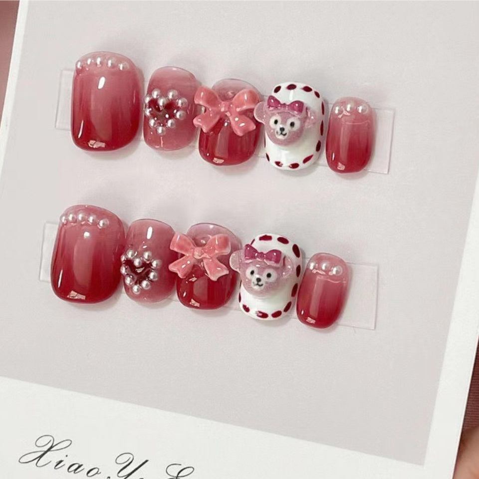 Lovely Strawberry Bear | Short Squoval Manicure | Handmade Press On Nails H100